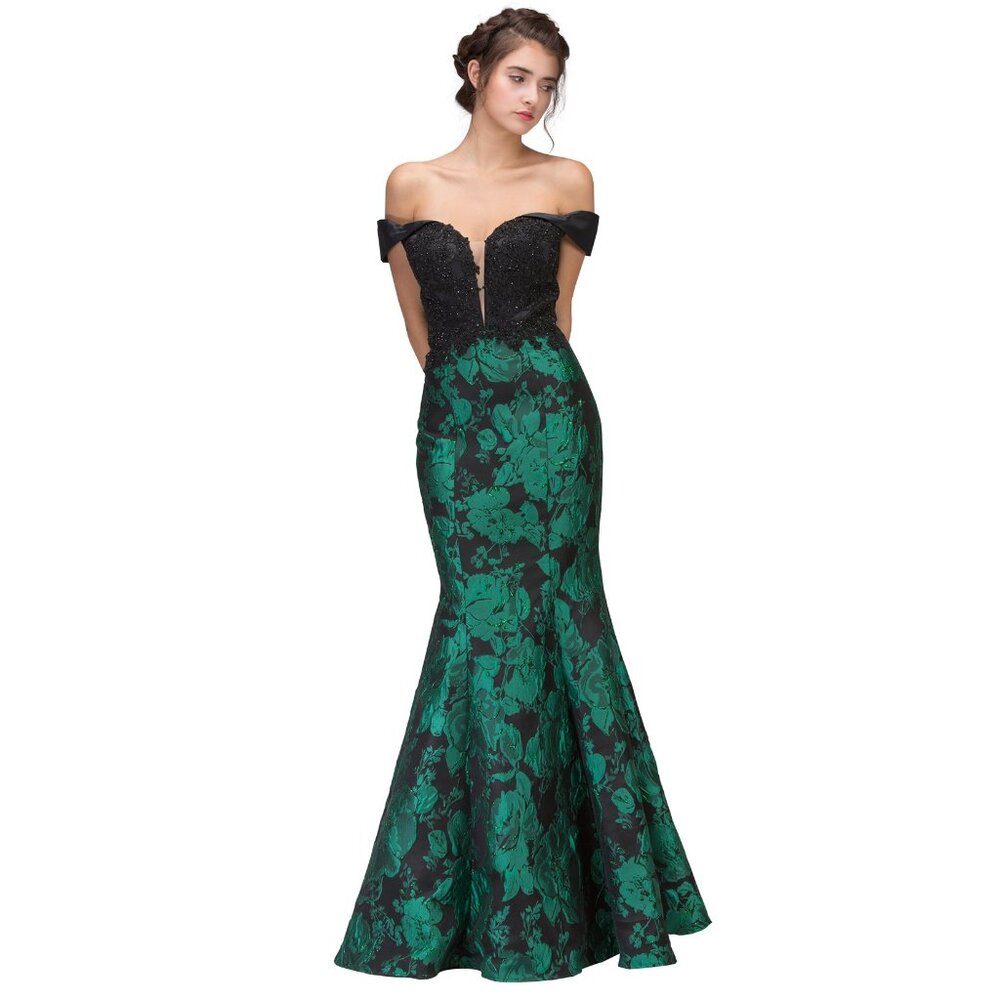 Emerald and black off shoulder formal dress
